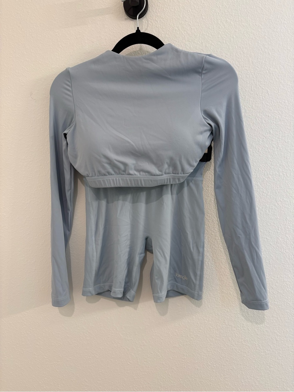 YoungLA SET Light Blue Long Sleeve Open Back Cropped & Biker Shorts Size Small